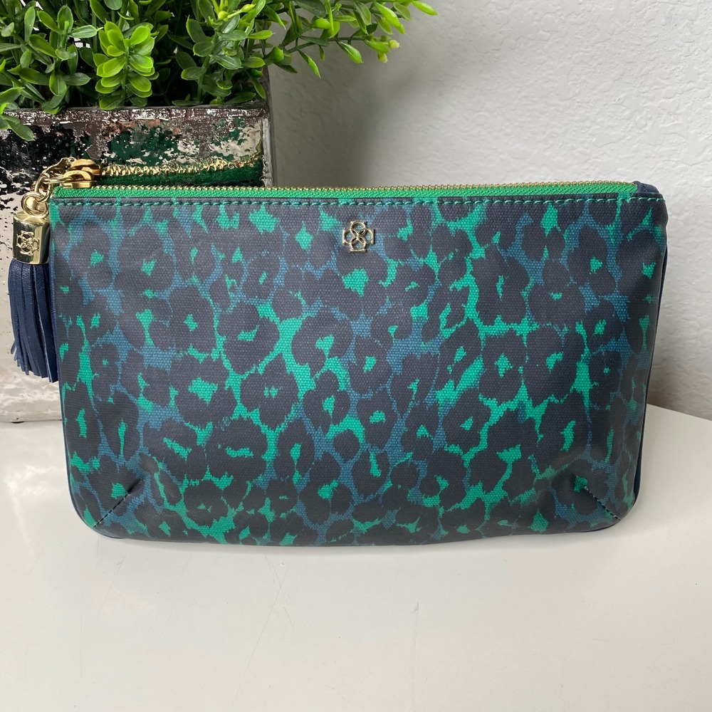 Ann Taylor Green Navy Leopard Print Tassel Zip Small Clutch Organizer Pouch NWOT